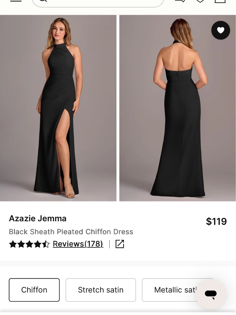 Azazie Jemma Black Sheath Pleated Chiffon Dress